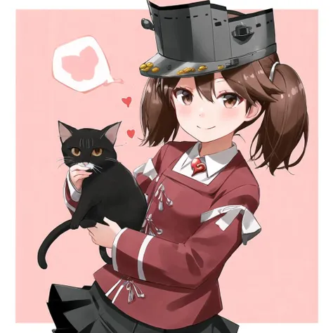 <lora:Ryuujou:1> Ryuujou, brown hair, brown eyes, twintails, visor cap, military uniform, skirt, smile, spoken heart, holding kitty, pink background with borders,