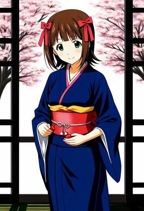 1girl, amami haruka, idolmaster, kimono, cherry blossoms,
 <lora:pony-imas-v1:1>