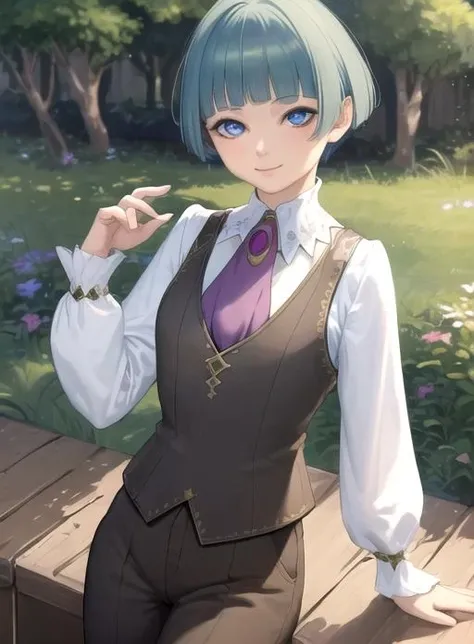 best quality, (masterpiece),(ultra-detailed), (high quality), (high resolution), <lora:jeang-10:0.7>, 1girl, ascot, bangs, blue eyes, blunt bangs, green hair, jean geyerl, looking at viewer, male focus, pants, shirt, short hair, smile, vest