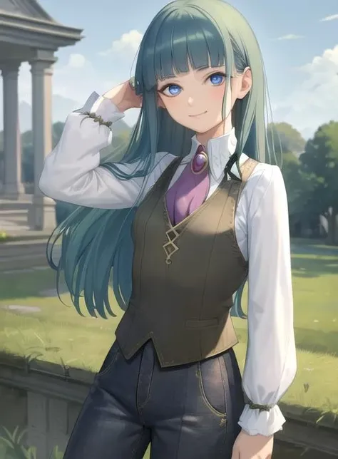 best quality, (masterpiece),(ultra-detailed), (high quality), (high resolution), <lora:jeang-10:0.7>, 1girl, ascot, bangs, blue eyes, blunt bangs, green hair, jean geyerl, looking at viewer, male focus, pants, shirt, long hair, smile, vest