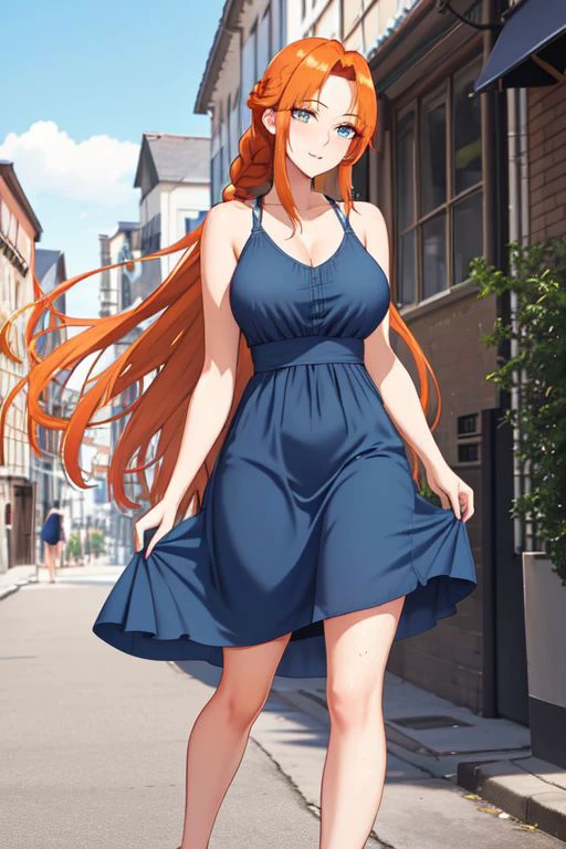 best_quality, masterpiece, highres, solo,
simple_background,
outdoors, street,
light_smile, happy,
mature_woman, long_hair, ginger_hair, orange_hair, blue_eyes, large_breasts, freckles, freckles_on_breasts, pubic_hair, braid, side_braid, single_braid, parted_bangs,
blue_dress, sundress, sleeveless_dress, bare_shoulders, bare_neck, bare_arms, bare_legs, bare_ankles, feet, thighs, no_underwear, no_panties, no_bra, sandals,