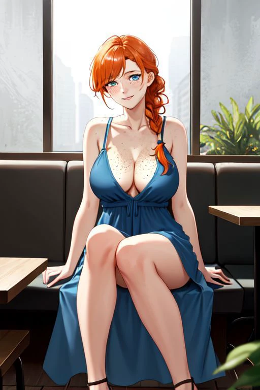 best_quality, masterpiece, highres, solo,
simple_background,
indoors, cafe, day_time, noon, sitting_at_booth,
light_smile,
mature_woman, long_hair, ginger_hair, orange_hair, blue_eyes, large_breasts, freckles, freckles_on_breasts, pubic_hair, braid, side_braid, single_braid, parted_bangs,
blue_dress, sundress, sleeveless_dress, bare_shoulders, bare_neck, bare_arms, bare_legs, bare_ankles, feet, thighs, no_underwear, no_panties, no_bra, sandals,