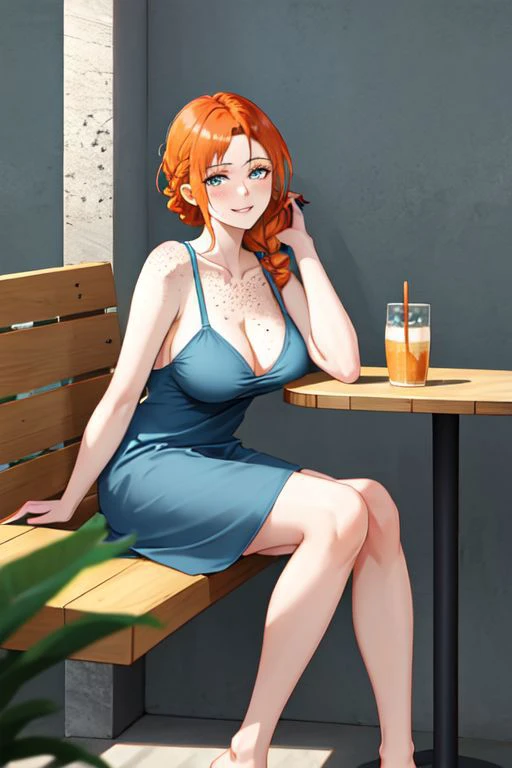 best_quality, masterpiece, highres, solo,
simple_background,
indoors, cafe, day_time, noon, sitting_at_booth,
light_smile,
mature_woman, long_hair, ginger_hair, orange_hair, blue_eyes, large_breasts, freckles, freckles_on_breasts, pubic_hair, braid, side_braid, single_braid, parted_bangs,
blue_dress, sundress, sleeveless_dress, bare_shoulders, bare_neck, bare_arms, bare_legs, bare_ankles, feet, thighs, no_underwear, no_panties, no_bra, sandals,