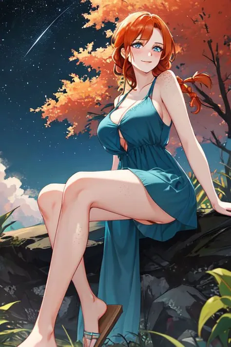 best_quality, masterpiece, highres, solo,
simple_background,
night_time, stars,
outdoors, nature,
light_smile,
mature_woman, long_hair, ginger_hair, orange_hair, blue_eyes, large_breasts, freckles, freckles_on_breasts, pubic_hair, braid, side_braid, single_braid, parted_bangs,
blue_dress, sundress, sleeveless_dress, bare_shoulders, bare_neck, bare_arms, bare_legs, bare_ankles, feet, thighs, no_underwear, no_panties, no_bra,
sandals,