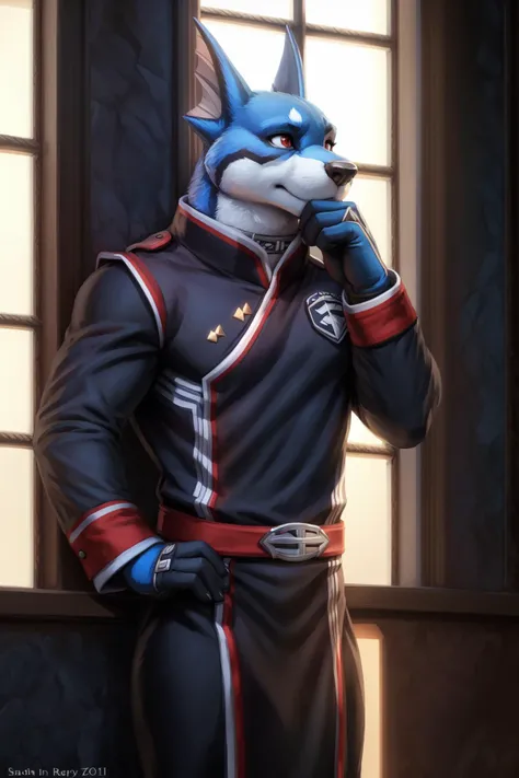 <lora:doggie_kruger-08:1>, doggiekruger, solo, (fins:1.1), muscular, blue fur, red eyes, (pose:1.3), (posing:1.3), (soft shading), 4k, hi res, five fingers, detailed hands, ((detailed face, (detailed eyes:1.0), detailed)), by zackarry911, by zaush, (by personalami:0.5), solo, gloves, 1boy, male focus, belt, uniform, black uniform, window, looking out of the window, side view, from side,