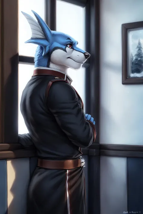 <lora:doggie_kruger-08:1>, doggiekruger, solo, (fins:1.1), muscular, blue fur, red eyes,  (pose:1.3), (posing:1.3), (soft shading), 4k, hi res, five fingers, detailed hands, ((detailed face, (detailed eyes:1.0), detailed)), by zackarry911, by zaush, (by personalami:0.5), solo, gloves, 1boy, male focus, belt, uniform, black uniform, window, looking out of the window, side view, from side,