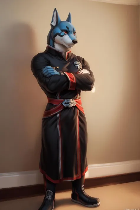<lora:doggie_kruger-08:1>, doggiekruger, solo, fins, muscular, blue fur, red eyes, (pose:1.3), (posing:1.3), (soft shading), 4k, hi res, five fingers, detailed hands, ((detailed face, (detailed eyes:1.0), detailed)), (full body), by zackarry911, by zaush, (by personalami:0.5), uniform, crossed arms, black uniform, simple background,