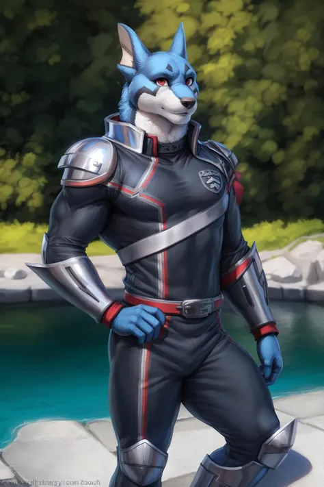 <lora:doggie_kruger-08:1>, doggiekruger, solo, (fins:1.1), muscular, blue fur, red eyes,  (pose:1.3), (posing:1.3), (soft shading), 4k, hi res, five fingers, detailed hands, ((detailed face, (detailed eyes:1.0), detailed)), by zackarry911, by zaush, (by personalami:0.5), solo, looking at viewer, 1boy, male focus, thighs, bodysuit, armor,