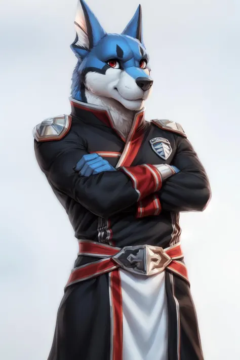 <lora:doggie_kruger-08:1>, doggiekruger, solo, fins, muscular, blue fur, red eyes, (pose:1.3), (posing:1.3), (soft shading), 4k, hi res, five fingers, detailed hands, ((detailed face, (detailed eyes:1.0), detailed)), by zackarry911, by zaush, (by personalami:0.5), uniform, crossed arms, black uniform, simple background, white background, looking at viewer, upper body