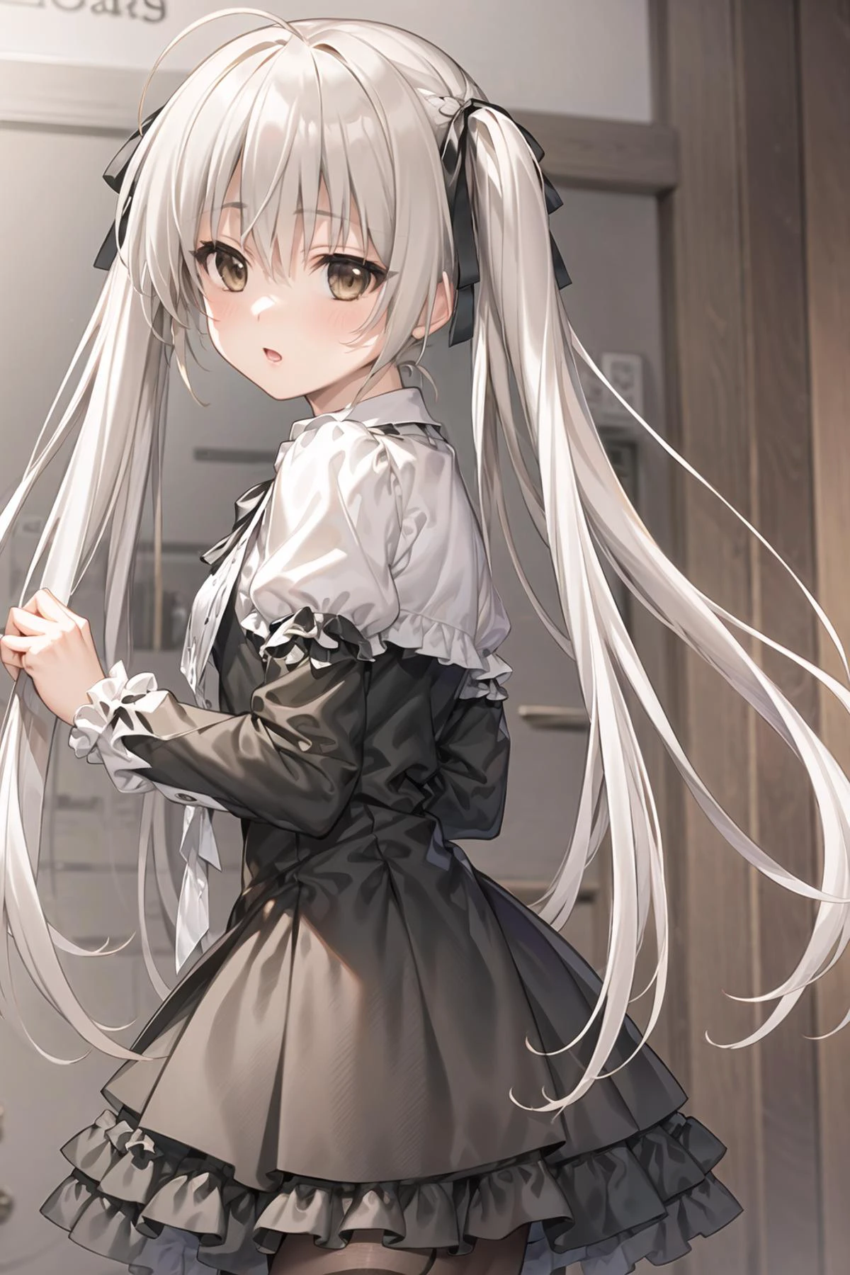 (masterpiece), (best quality), (masterpiece,best quality,official art,extremely detailed CG unity 8k wallpaper), whole body,
kasugano sora, twintails, hair_ribbon, ribbon, very_long_hair, brown eyes, silver hair, masterpiece, best quality,
<lora:sora:0.55>