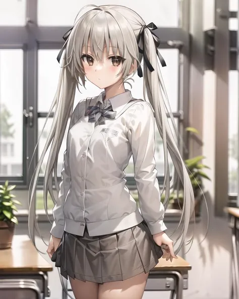 detailed,masterpiece,ultra-detailed,(solo),(1girl),(Delicate eyes),(white background:1.3), kasugano sora , twintails,hair_ribbon,ribbon, very_long_hair,brown eyes,silver hair,(standing:1.2), (school uniform:1.2), miniskirt,