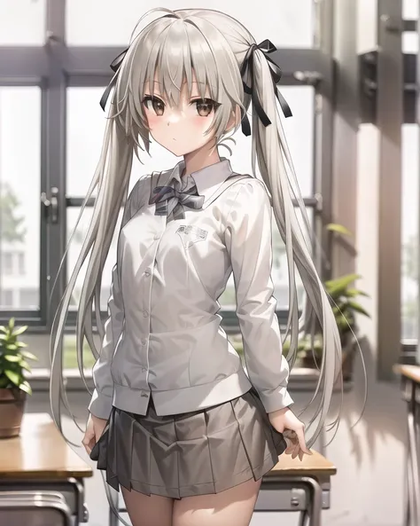 detailed,masterpiece,ultra-detailed,(solo),(1girl),(Delicate eyes),(white background:1.3), kasugano sora , twintails,hair_ribbon,ribbon, very_long_hair,brown eyes,silver hair,(standing:1.2), (school uniform:1.2), miniskirt,