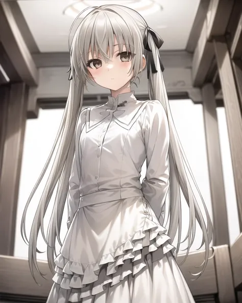 detailed,masterpiece,ultra-detailed,(solo),(1girl),(Delicate eyes),(white background:1.3), kasugano sora , twintails,hair_ribbon,ribbon, very_long_hair,brown eyes,silver hair,(standing:1.2), white dress,