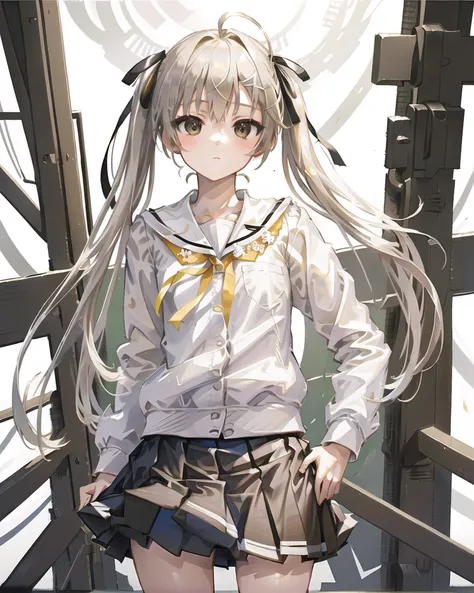 detailed,masterpiece,ultra-detailed,(solo),(1girl),(Delicate eyes),(white background:1.3), kasugano sora , twintails,hair_ribbon,ribbon, very_long_hair,brown eyes,silver hair,(standing:1.2), (school uniform:1.2), miniskirt,