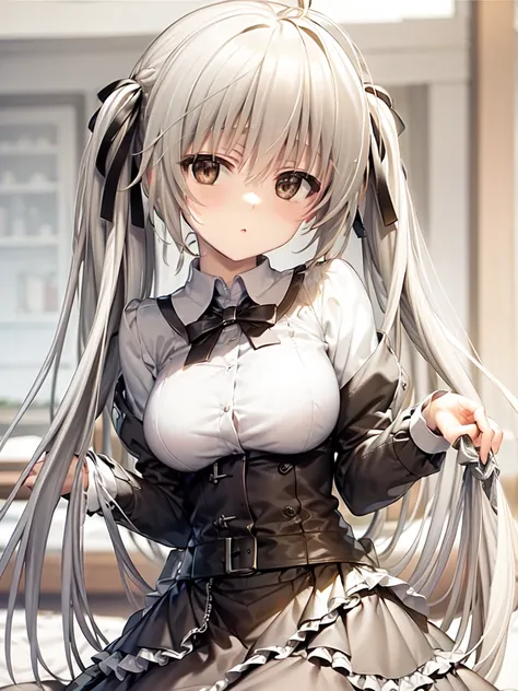 masterpiece, best quality, <lora:KasuganoSora_ksV1:0.6>, kasugano sora, twintails, hair_ribbon, ribbon, very_long_hair, brown eyes, silver hair, large breasts, cov