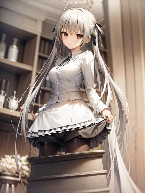 masterpiece, best quality, <lora:KasuganoSora_ksV1:0.6>, kasugano sora, twintails, hair_ribbon, ribbon, very_long_hair, brown eyes, silver hair, large breasts, cov