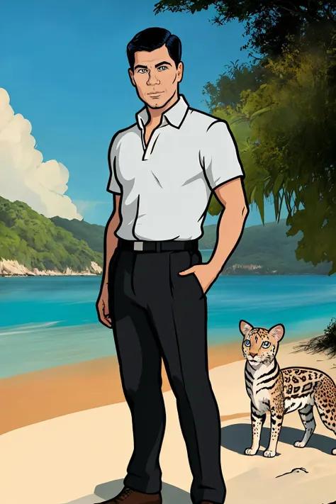 cartoon of archerfx <lora:archerfx-v1:0.7>, male, blue eyes, slim, narrow waist, broad shoulders, standing outdoors on a beach with an (ocelot:1) at his feet