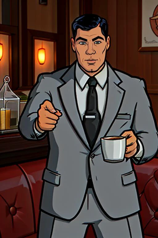 <lora:archerfx-v1:0.8> archerfx, man, white shirt, tie, gray suit, full body, serving tea in a restaurant,