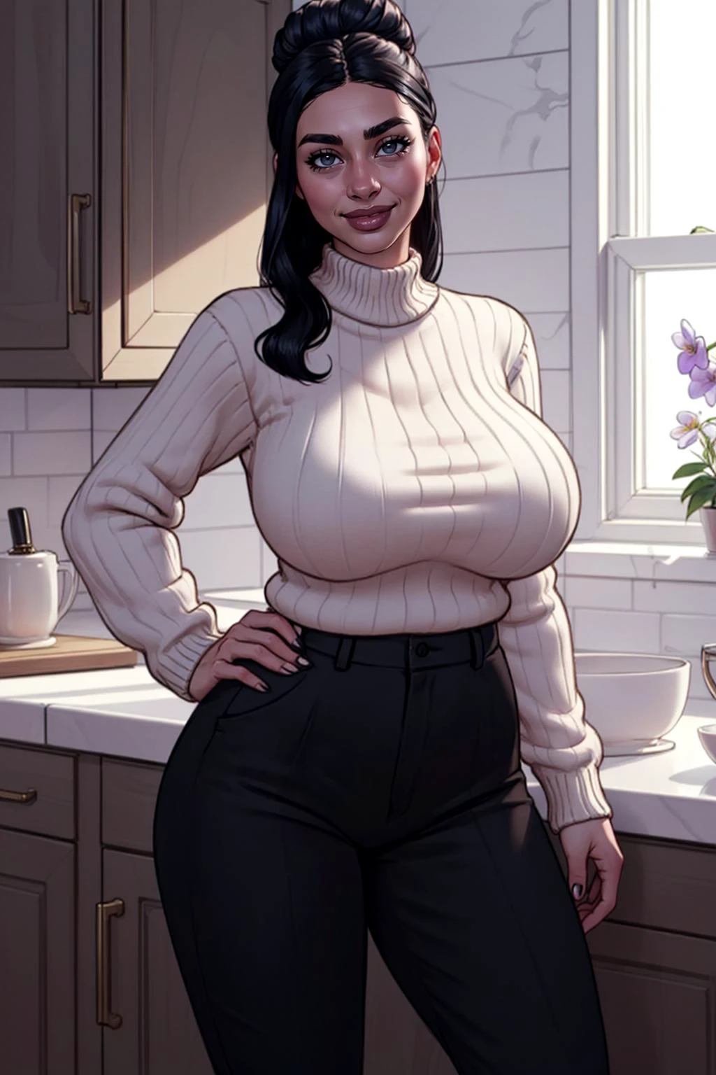 (masterpiece, ultra detailed, best quality:1.2, highly detailed skin:1.2, highly detailed),RAW photo,beautiful woman,warm lighting,cute face,standing,photorealistic,8k,sharp focus,solo,1girl,diffused soft lighting,skin indentation,b1mb0,huge breasts,(focus on upper body),<lora:gothmom-nvwls-v1:0.6>,gothmom,one upper bun hair,virgin killer sweater,looking at viewer,smiling,kkw-ph1,Crossover Long Sleeves Ruched Cinched Faux Twinset T-shirt And Sheer Flower Lace Panel Wide Leg Pants Outfit,