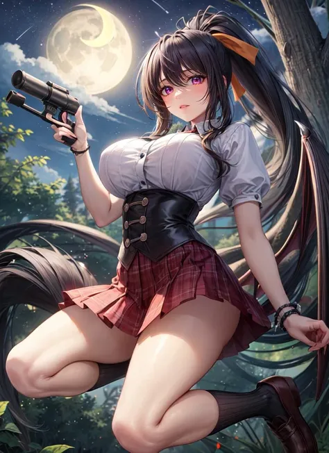 ((best quality)), ((highly detailed)), masterpiece, absurdres, detailed face, beautiful face, (detailed eyes, deep eyes), <lora:more_details:.2>, (1girl), dynamic pose, full body, <lora:hairdetailer:.7>, <lora:himejima_akeno:.9>, himejima_akeno, black hair, ponytail, ((very long hair)), ribbon, violet eyes, large breasts, demon wings, large wings, parted lips, school uniform, pink skirt, pleated skirt, white socks, brown loafers, (in a pine_tree forest, night, night sky, stars, crescent moon, shooting star, telescope)