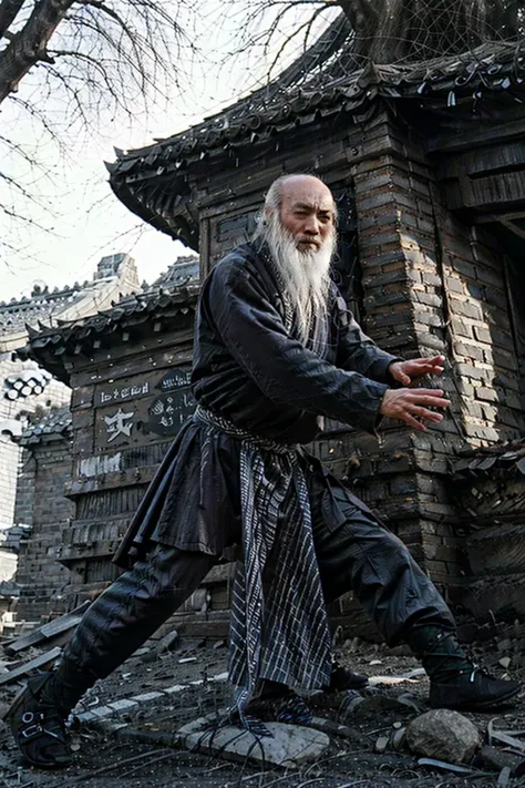 1 male,old men,bald head,full body ,fight, Shaolin Temple,(detailed pupils:1.1),best quality, masterpiece, 4K,photo \(medium\), Martial arts movements,sunny day, <lora:yuchenghui:1>
