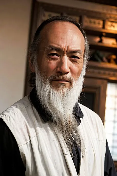 best quality, ultra high res, (photorealistic:1.4), masterpiece, blurry background,indoors,1boy,50 years old,standing ,(looking at viewer), white shirt, <lora:yuchenghui:0.8>