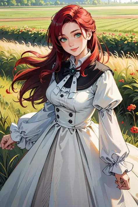 ((ultra detailed, masterpiece, best quality))
 <lora:ACUElise:0.9>
ACUElise, 1girl, solo, red hair, green eyes, In a field of wildflowers, wearing a flowing dress, smiling