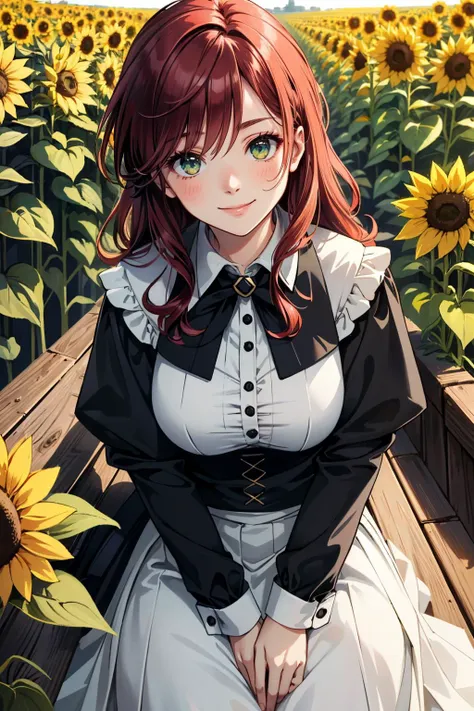 Anime girl sitting on a bench in a field of sunflowers - SeaArt AI