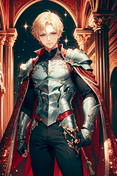 <lora:redglitter-style-richy-v1:1> redglitterstyle,, ultra detailed, masterpiece, best quality, aesthetic, detailed,, solo, smile, 1boy, blue eyes, medium blonde hair, parted bangs, hair intakes, male focus, muscular male,, armor, pauldrons, cuirass, gauntlets, waist cape, greaves, black bodysuit, surcoat, shoulder sash, wing shoulder armor, cape, pants,