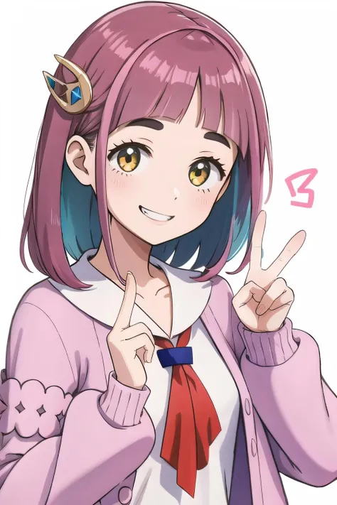 masterpiece, best quality, official art, professional artwork, highres, lens flare, (vibrant_color:1.2), 1girl, solo, <lora:Lacey-10:0.8>, lacey, medium hair, standing, smile, pink coat, neckerchief, white shirt, upper body, grin, teeth, peace sign, (close up:1.2), [beautiful hands, beautiful fingers, perfect hands, detailed hands, perfect fingers, detailed fingers:1.1, five fingers:1.2, good hands, beautiful fingers, white background], <lora:lora-dim8-peace_deliberate_v2:0.2>, peace, sign, v sign