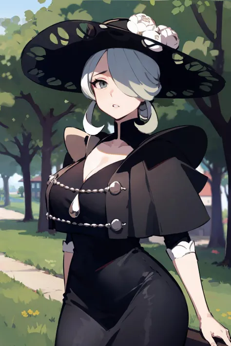 masterpiece,high quality,highres,1girl,solo focus,<lora:cogito-v1-wasabiya:1>,cogito,hair over one eye,grey hair,grey eyes,mature female,large breasts,dress,hat,