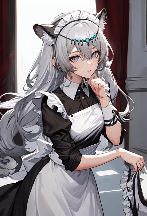 best quality, masterpiece, highres, solo, (pramanix_arknights:1.10), (maid:1.40), (long maid dress:1.15), 20 <lora:pramanix_arknights:0.80>