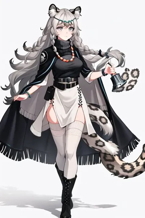 best quality, masterpiece, highres, solo, {pramanix_arknights:1.15}, long_hair, animal_ears, braid, leopard_ears, animal_ear_fluff, grey_eyes, twin_braids, bangs, grey_hair, jewelry, white_hair, necklace, tail, upper_body, turtleneck, leopard_tail, hair_between_eyes, bell, very_long_hair, 1girl, belt, black_belt, black_footwear, boots, breasts, dress, fur-trimmed_boots, fur_trim, grey_thighhighs, knee_boots, looking_at_viewer, thighhighs, white_dress, bead_necklace, black_cape, blush, cape, full_body, holding, pelvic_curtain, side_braids, turtleneck_dress, beads, medium_breasts, simple_background, standing, white_background