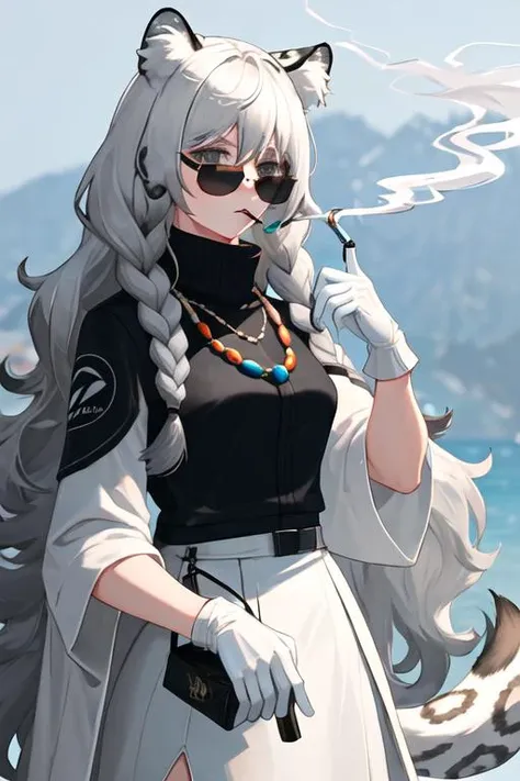 best quality, masterpiece, highres, solo, {black business suit:1.40}, {tie:1.20}, {sunglasses:1.25}, {white gloves:1.15}, {white shirt:1.10}, {black skirt:1.15}, {smoking:1.20}, handsome, {pramanix_arknights:1.15}, long_hair, animal_ears, braid, leopard_ears, animal_ear_fluff, grey_eyes, twin_braids, bangs, grey_hair, jewelry, white_hair, necklace, tail, upper_body, turtleneck, leopard_tail, hair_between_eyes, bell, very_long_hair