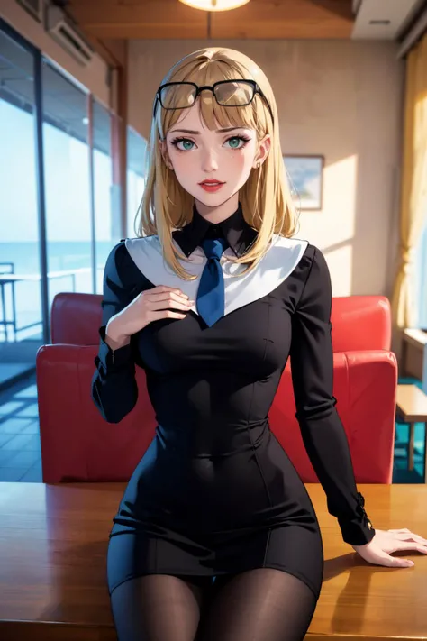 sexy, (detailed eyes), (detailed face), beautiful lady, (pov sitting across table:1.1), looking at viewer, sexy verdant dress, skin tight red, dress, blush, (naughty) (naughty smile:0.9), emerald eyes, blonde hair, (smiling:0.9)
(mystical tattoo:0.9), (neck tattoo), ((narrow waist)), skinny, thin, (fit body:1.1), (perfect proportions:0.8), (perfect anatomy:0.8), red lipstick,
(cowboy shot:1.1),
(shiny skin)
<lora:kanamori:0.8> kanamori, 1girl, freckles, solo, eyewear on head, looking at viewer, serafuku,, sanpaku, school uniform
BREAK,
good hands, detailed hands, anatomical hands,
(beautiful composition:1.1), masterpiece, fantasy, sexy, petite, soft glow, polished, clean image, <lora:epi_noiseoffset2:1> gorgeous, stunning, triadic colors, high contrast, Vivid color, dark,
<lora:CONCEPT_pov_dating_ownwaifu:1> (concept_pov_dating_ownwaifu:1.1), www.ownwaifu.com, 1girl, solo, looking at viewer, breasts, sitting at table <lora:more_details:0.2>, perfect teeth, overlooking beautiful tropical island beach view, (volumetric lighting), (dynamic lighiting), godrays, Rembrandt lighting, real shadows, intricate detail, photorealistic, photograph, photo, dlsr, Fuji Film, extremely high detail, detailed skin texture, (blush:0.2), (goosebumps:0.3), subsurface scattering