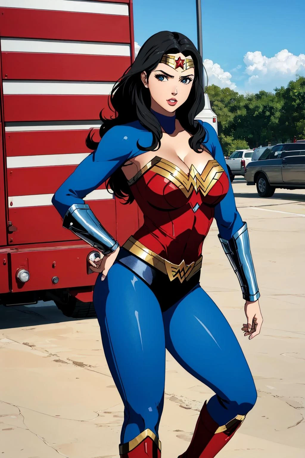woman, Wonder woman cosplay costume, standing, outside, b1mb0, slim_thick, huge breasts, slim_thick,pose