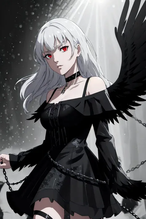 (Black theme:1.7),(Black feathers:1.2), tears,extremely detailed CG unity 8k wallpaper,illustration,lens 135mm,masterpiece, best quality,lens flare,dynamic angle ,dramatic angle ,cinematic angle ,intense angle ,young girl,over-kneehighs,off-shoulder,naughty face,aquagradient eyes,(white_hair:1.12),Medium hair,Ahoge,red eyes,black dress,lace-trimmed dress,frilled dress,greyscale,cowboy shot,(Splashing light),Backlighting,Accent Lighting,incredibly_absurdres,thigh strap,choker,(Refracted rays:1.2),Low wings,(Chains:1.1),(Bokeh:1.4),depth of field,,Deep focus,((disheveled hair)),looking away,Expressionless,, masterpiece, best quality,