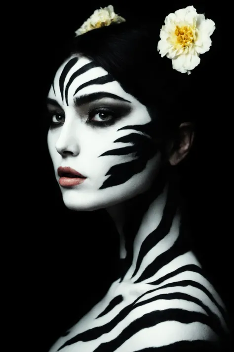 <hypernet:B3-200000-280000:0.55>side
1girl,
foggy jungle, dynamic pose, from the side, hyperdetailed, art by Agnes Cecile, Dave McKean, styling by Bella Kotak,
((bold black and white tiger stripe bodypaint, black facepaint, war paint)), hair in double buns, ornate flower crown,
fine art, super dramatic light,
shot on an arri alexa with zeiss milvus 25mm f/1.4, soft light,
perfect eyes, perfect skin, detailed skin, winged eyeliner, heavy bold eyeliner, <lora:add-detail-xl:1> <lora:DetailedEyes_xl_bdsqlsz_V1:1> <lora:neg4all_bdsqlsz_xl_V7:-1>