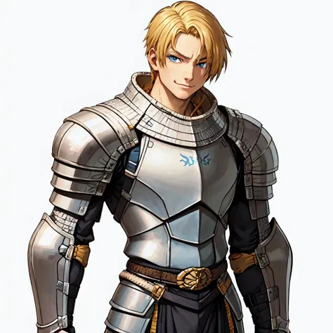 (masterpiece:1.2, best quality), white background, 1boy, blonde, serious, muscular, armor, light blue eyes, smirking <lora:OldROStyle-000008:0.6>