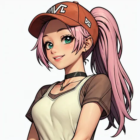 (masterpiece:1.2, best quality), ((white background:1.2)), 1girl, light pink hair, ponytail, pink dress, choker, baseball cap, smile <lora:OldROStyle-000008:0.6>