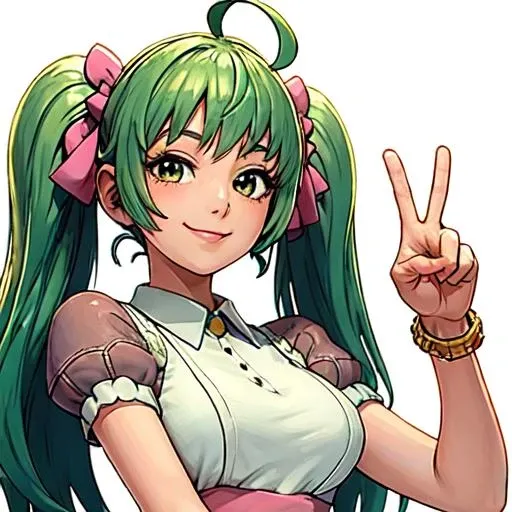 (masterpiece:1.2, best quality), white background, twintails, warm smile, green hair, pink dress, 1girl, happy, ahoge, peace sign  <lora:OldROStyle-000008:0.6>