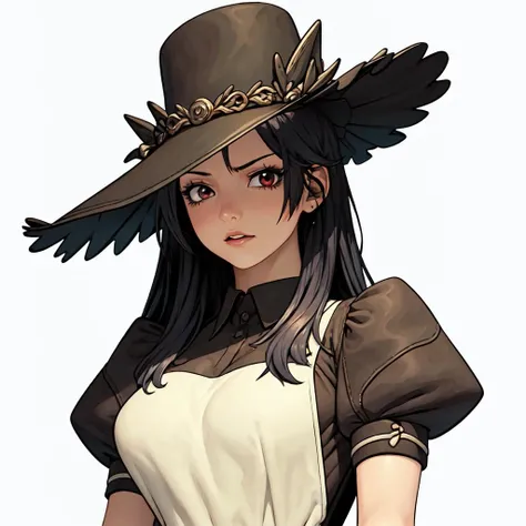 (masterpiece:1.2, best quality), ((white background:1.2)), 1girl, gothic dress, large black hat, serious, black hair, long hair, red eyes, pale skin <lora:OldROStyle-000008:0.6>