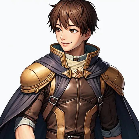 (masterpiece:1.2, best quality), ((white background:1.2)), 1boy, brown hair, brown eyes, short hair, smile, cape, leather shirt <lora:OldROStyle-000008:0.6>