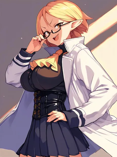 <lora:Disgaea-PonyXL-1024px:0.8>
score_5_up, score_6_up,  
1girl, solo, standing, from side, adjusting glasses, looking at viewer, wearing (white coat, ascot, black corset, black pleated skirt), large breasts, open coat, pointy ears, open mouth, smug, in classroom