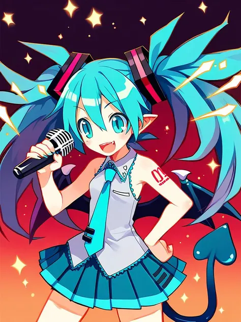 <lora:Disgaea-PonyXL-1024px:0.9>
score_5_up, score_6_up, score_8_up,
1girl, solo, standing, hand on hip, wearing (sleeveless, pleated skirt), aqua hair, aqua eyes, twintails, hair ornament, hatsune_miku, pointy ears, holding microphone, musical note, singing, fangs, demon tail, wings, bat wings, smile, open mouth, sparkly fuwa fuwa