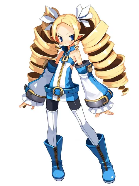 <lora:Disgaea-PonyXL-1024px:0.9>
score_5_up, score_6_up,  score_8_up, 
solo, 1girl, thighhighs, blue eyes, pointy ears, drill hair, blonde hair, bare shoulders, flat chest, boots, long hair, bike shorts, detached sleeves, thigh boots, simple background, white background, blue footwear, blush, full body, bangs, white legwear, belt, standing, zipper, twin drills