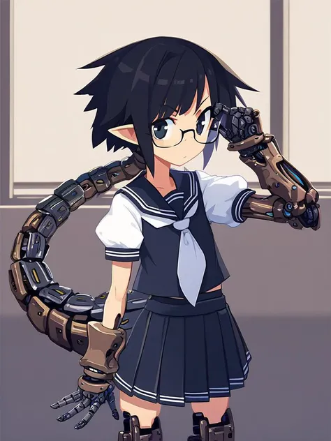 <lora:Disgaea-PonyXL-1024-v2:0.8>
score_5_up, score_6_up, score_7_up, 
1girl, solo, standing, adjusting glasses, in classroom, looking at viewer, wearing (school uniform, pleated skirt, short tie, short puffy sleeves), long black hair, ponytail, bangs, android, mechanical legs, mechanical arms, robot joints, short black hair, pointy ears, mechanical tail