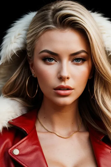 photo of (tahtest-200:0.99), a beautiful woman, perfect blonde hair, (modern photo, Light Red Faux fur coat in a bold and vibrant color with a shaggy texture), 85mm, (analog, cinematic, film grain:1.3), (cosmic background:1.2), detailed eyes, (seductive pose), (epicPhoto), (looking at viewer), jewelry, (cinematic shot:1.3), PA7_Portrait-MCU