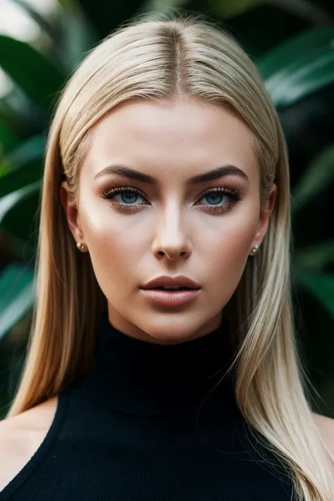 photo of (tahtest-200:0.99), a beautiful woman, perfect blonde hair, (modern photo, Fluorescent Blue Turtleneck knit dress), 85mm, (analog, cinematic, film grain:1.3), (jungle:1.2), detailed eyes, (seductive pose), (epicPhoto), (looking at viewer), jewelry, (cinematic shot:1.3), PA7_Portrait-MCU