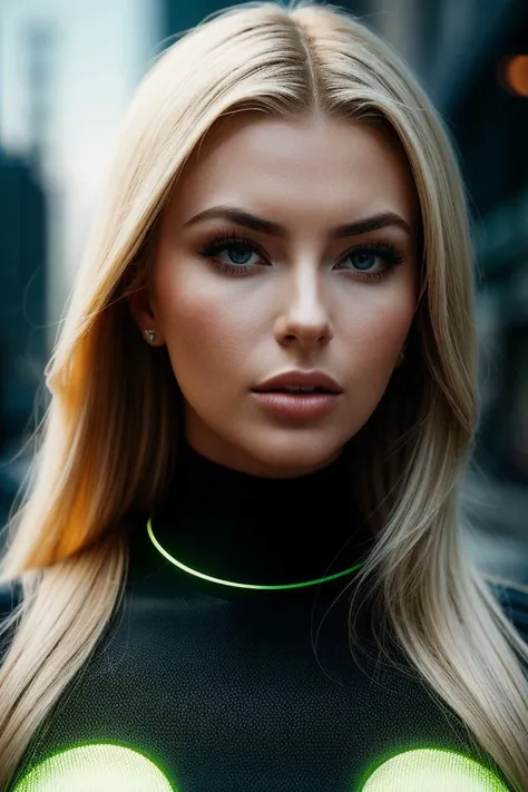 photo of (tahtest-200:0.99), a beautiful woman, perfect blonde hair, (modern photo, Fluorescent Green compression shirt), 85mm, (analog, cinematic, film grain:1.3), (Futuristic dystopian city viewpoint featuring mind-altering synthetic sensory enhancement devices:1.2), detailed eyes, (seductive pose), (epicPhoto), (looking at viewer), jewelry, (cinematic shot:1.3), PA7_Portrait-MCU